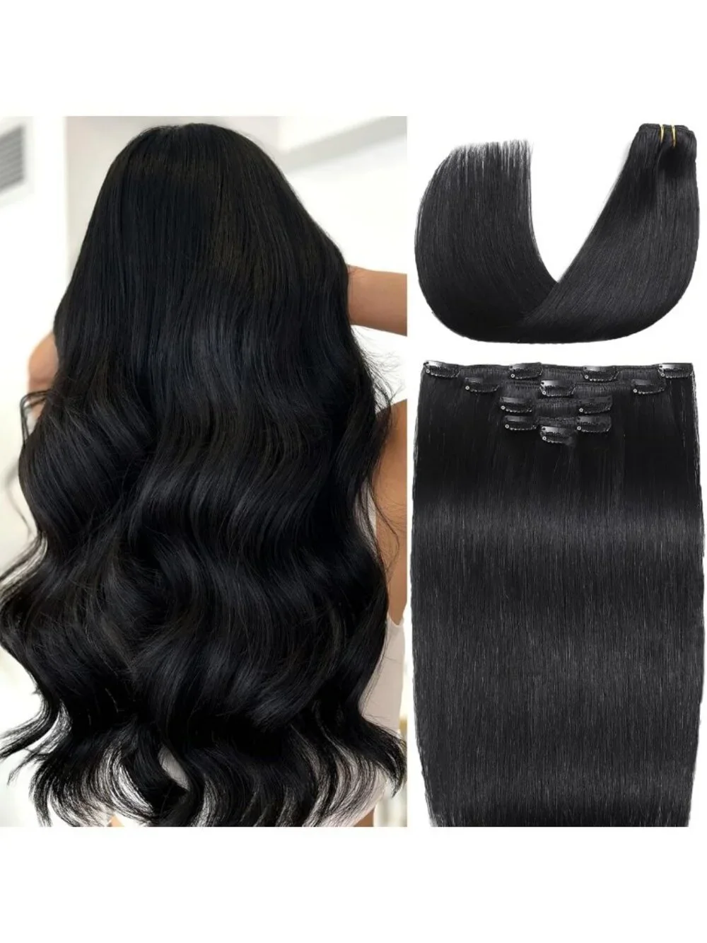 Real Human Hair Clip-In Extensions - Jet Black, Easy to Apply, Natural Look
